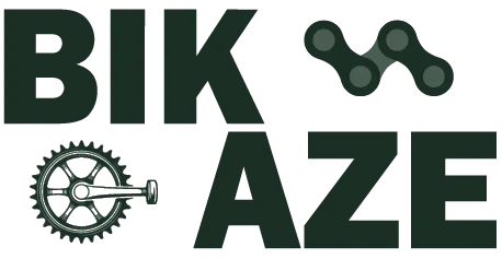 Bike maze logo with bold green typography, chain link icon, and bicycle gear illustration on clean background