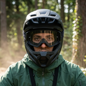 Mountain biking helmet square portrait showing rider eyes through goggles in a forest setting