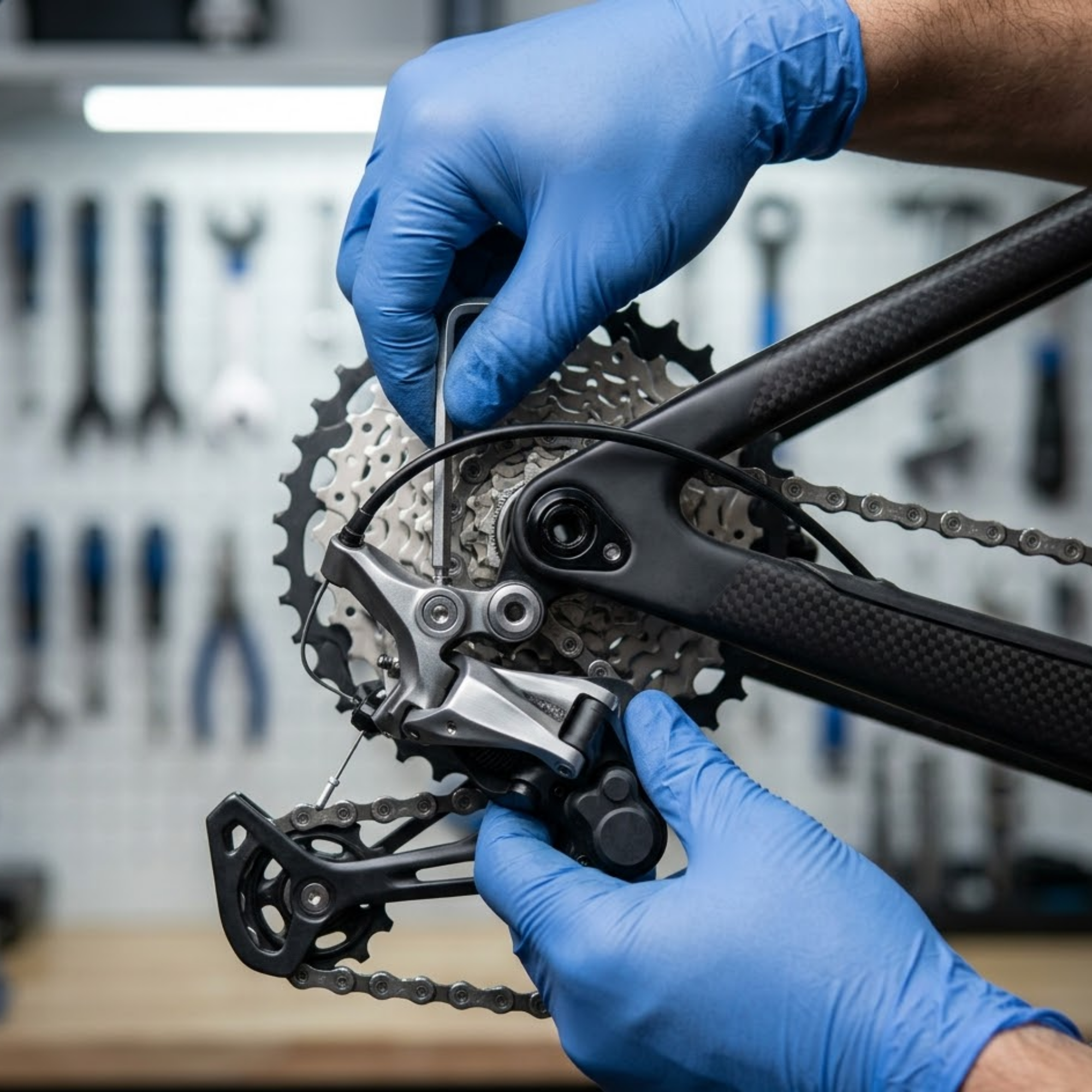 Close-up of a mechanic's hands adjusting a rear derailleur on a mountain bike, demonstrating proper "MTB Bike Maintenance" technique.