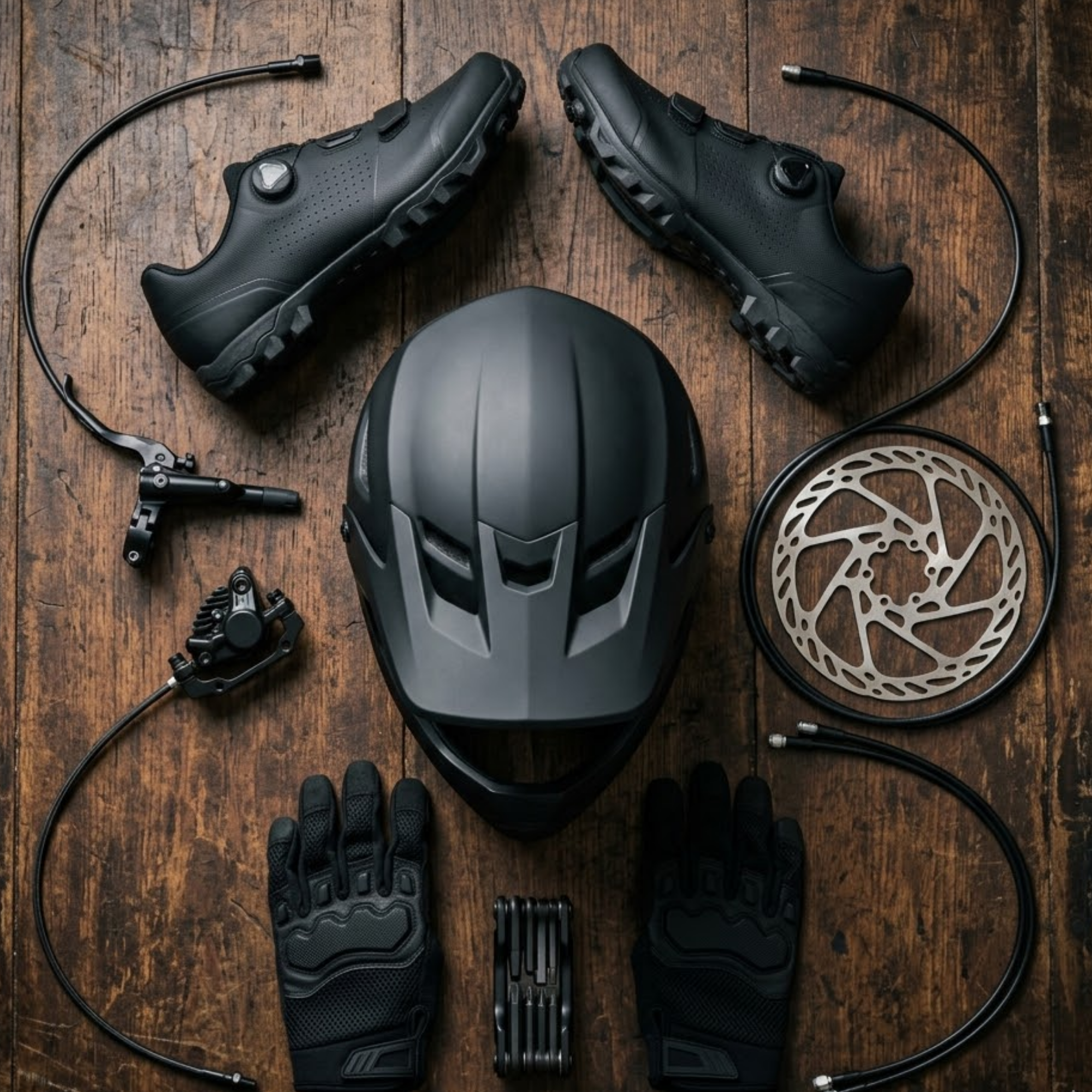 A collection of essential mountain bike gear, including a helmet, gloves, and components, ready for a professional "MTB Gear & Reviews" article.