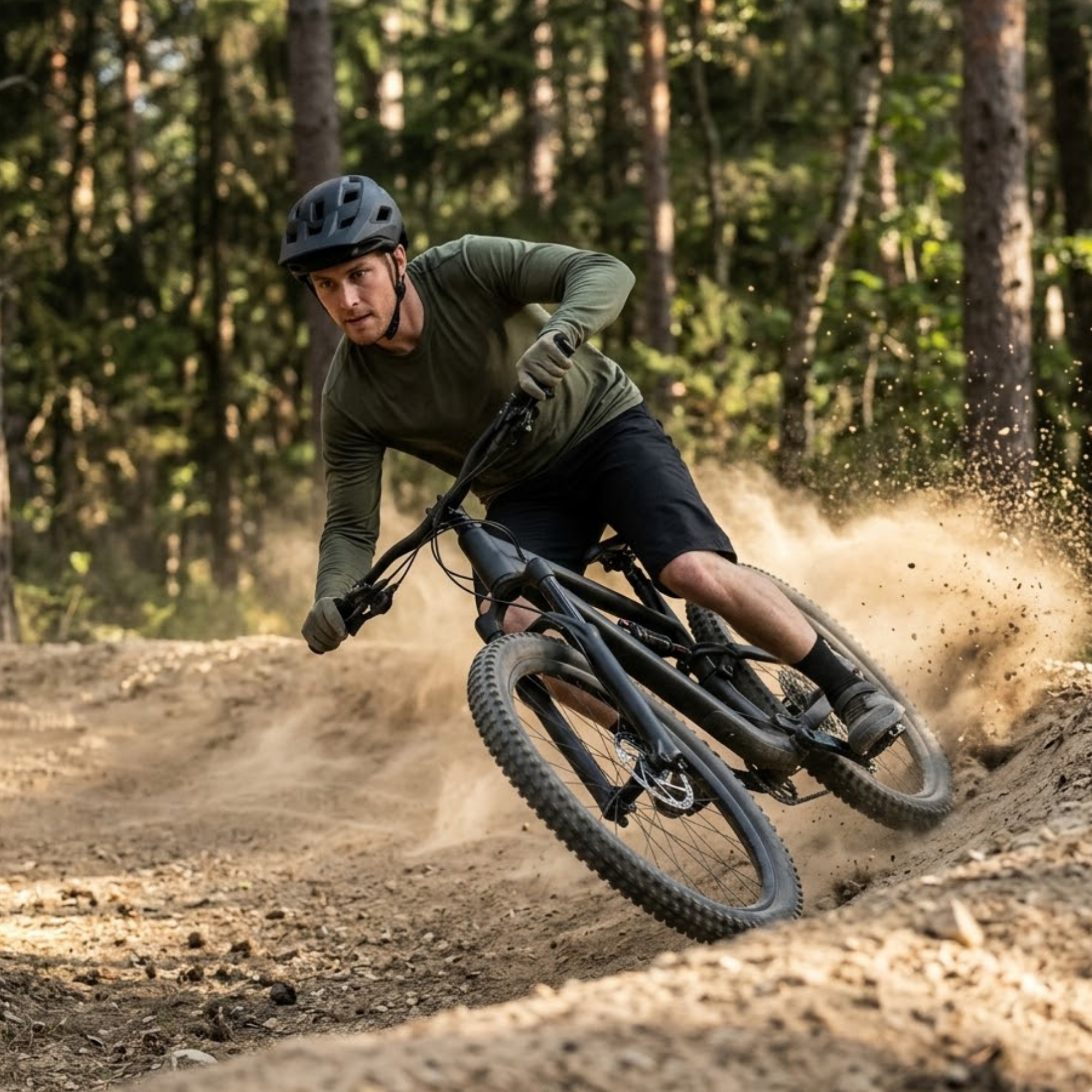 A dynamic shot of a mountain biker demonstrating advanced cornering technique on a dusty trail, illustrating a "MTB Skills & Tips" tutorial.