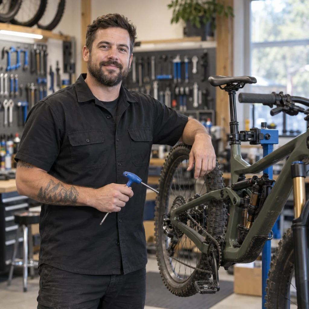 Adam, Bikaze bicycle technician, beside a mountain bike in his workshop