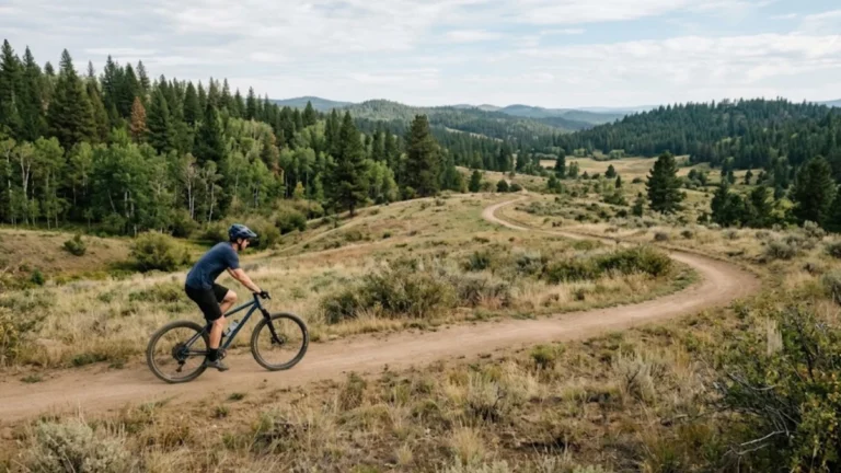Rider on a hardtail mountain bike riding a wide, smooth beginner-friendly singletrack trail