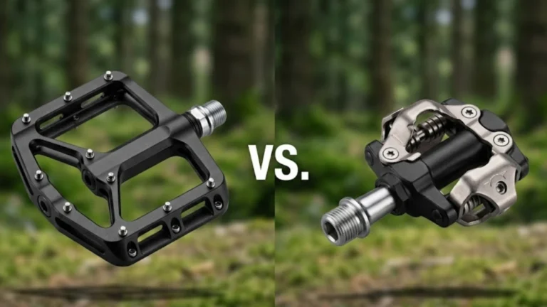 Side-by-side comparison of a flat mountain bike pedal and a clipless mountain bike pedal
