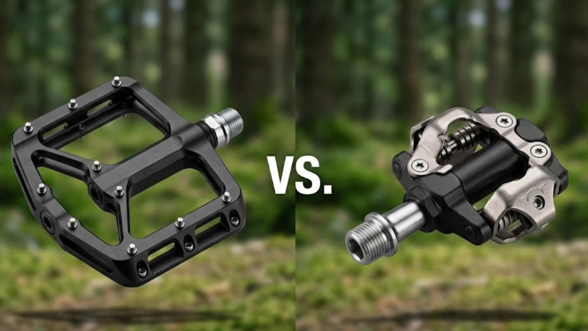 Side-by-side comparison of a flat mountain bike pedal and a clipless mountain bike pedal