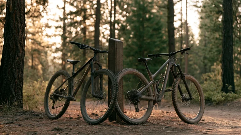 A hardtail and full-suspension mountain bike leaned against a trailhead post at a forest trail entrance