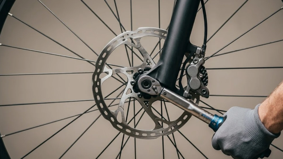 Close-up of a torque wrench tightening a mountain bike disc brake caliper bolt