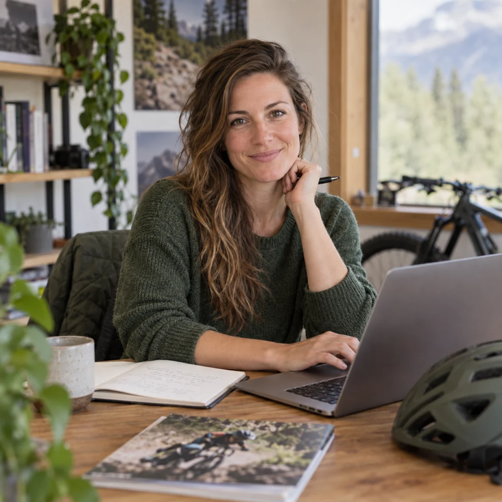Kate, Bikaze web editor, reviewing mountain bike content at her desk