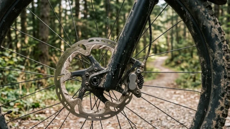 Close-up of a mountain bike brake rotor and caliper on a dusty trail