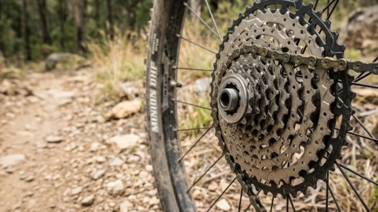 Close-up of a multi-speed mountain bike cassette mounted on a freehub body with visible lockring