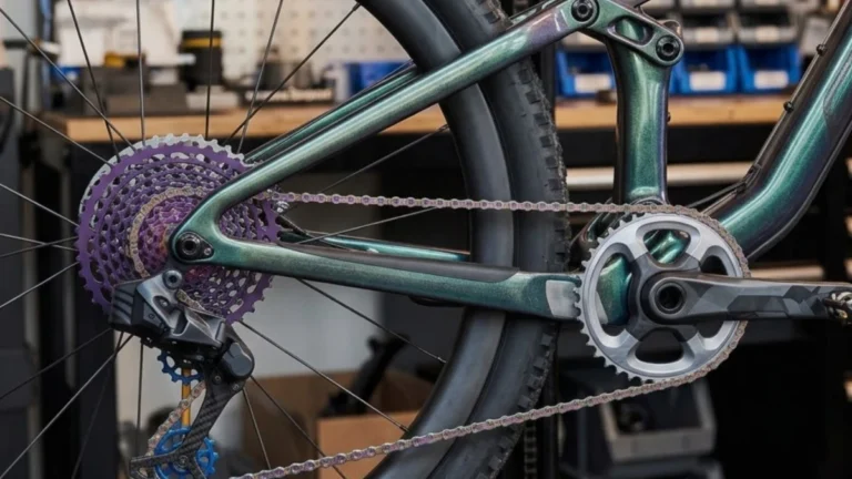 Mountain biker checking chain wear with a gauge tool on a 12-speed cassette