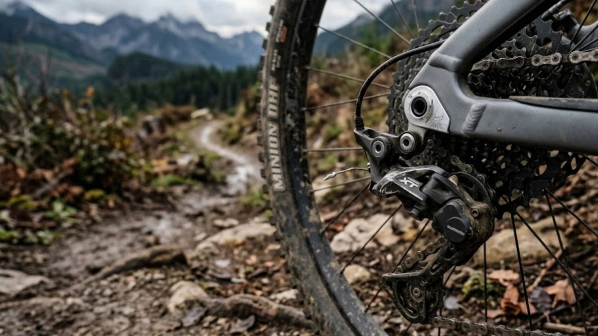 Close-up of a mountain bike rear derailleur and aluminum hanger covered in trail dust