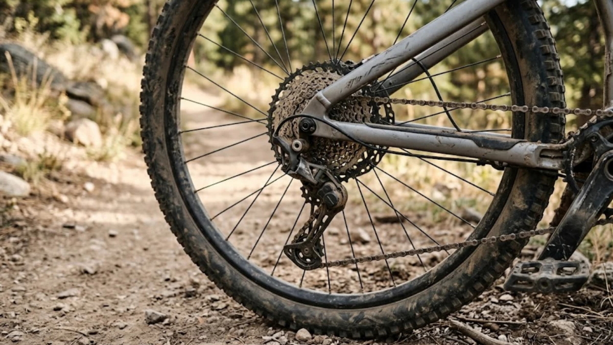 Close-up of a mountain bike rear cassette, derailleur, and chain on a trail