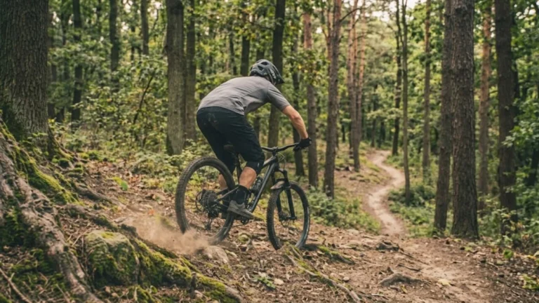 Mountain biker descending a rocky trail with the dropper post fully lowered