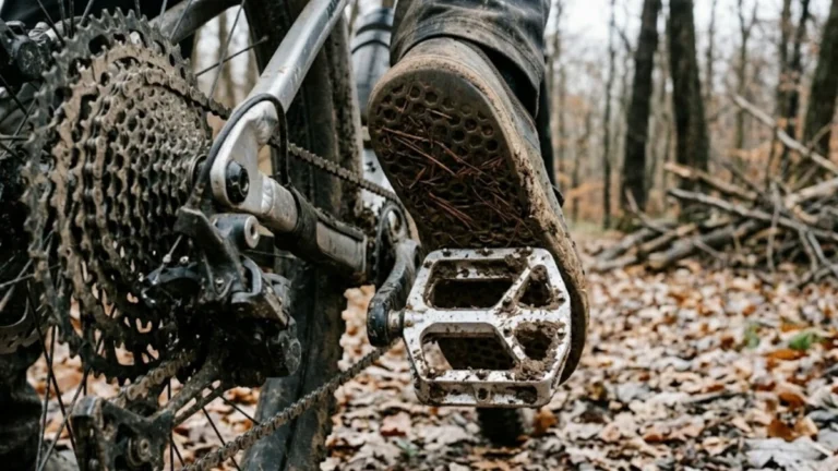 Mud-caked flat mountain bike pedal and cassette shown trailside in an autumn forest