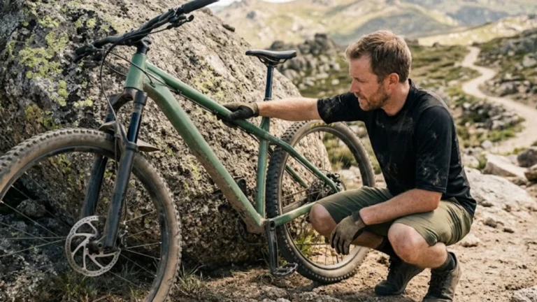Rider inspecting the frame of a mountain bike at a rocky trailhead, comparing frame material and build quality