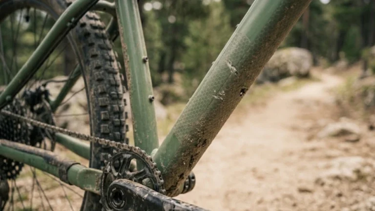 Clear frame protection film applied to a mountain bike's downtube and chainstay