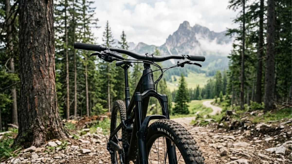 Front wheel, suspension fork, and handlebars of a mountain bike parked on a rocky trail with pine trees and a mountain peak in the background