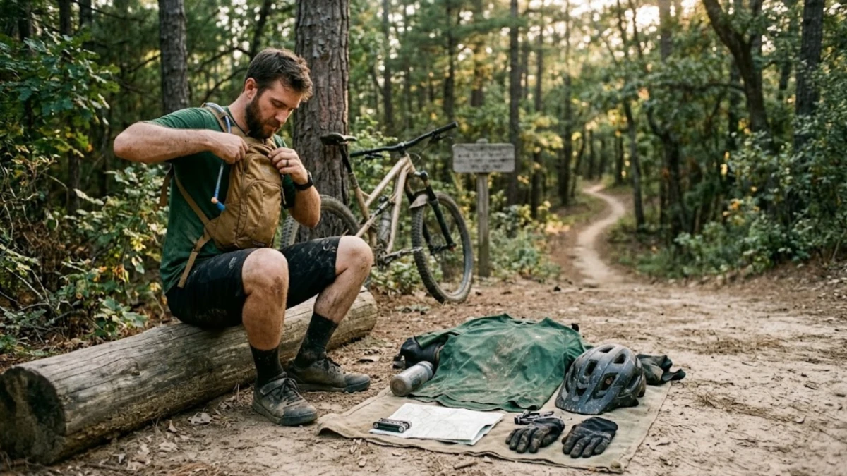Mountain bike gear and apparel laid out at a forest trailhead, including helmet, gloves, knee pads, and hydration pack
