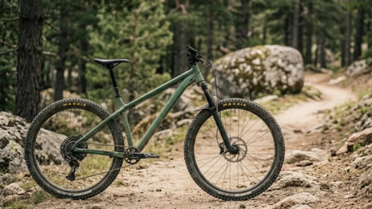 Side profile of a mountain bike on a dirt trail showing frame geometry and head tube angle