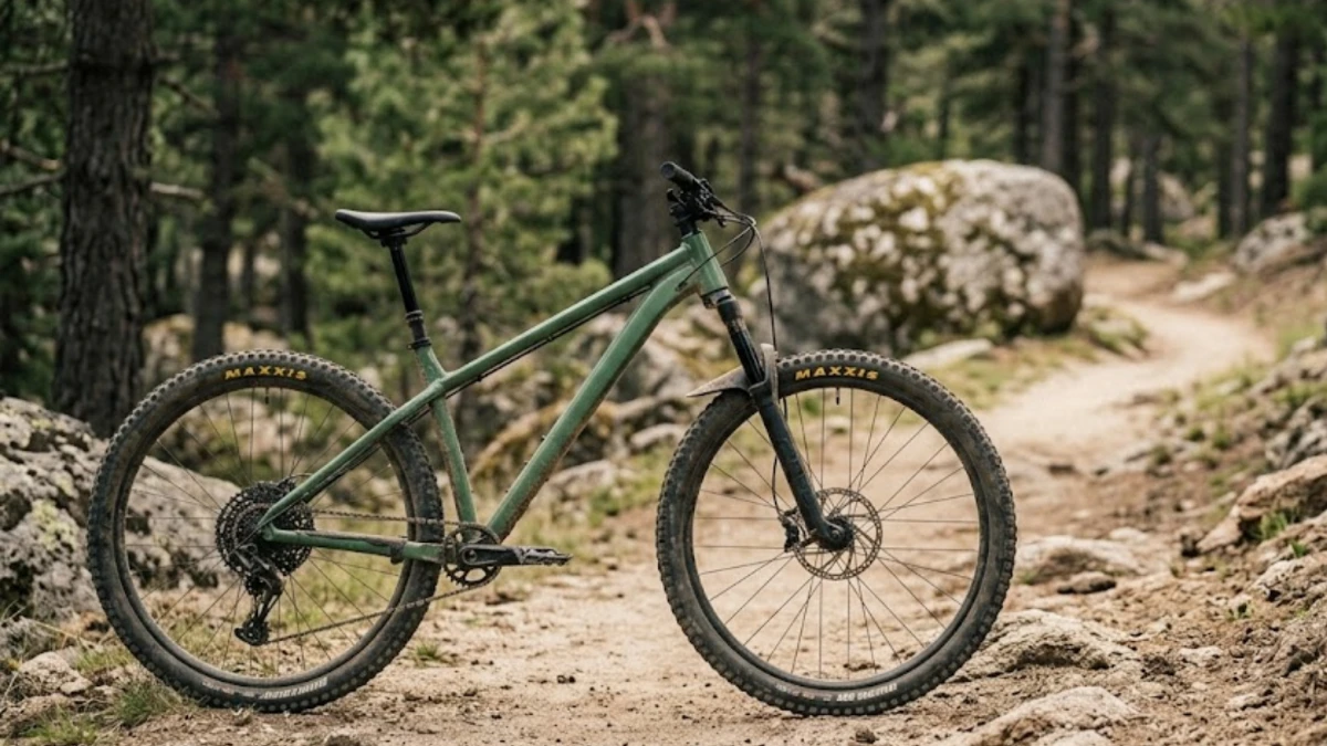 Side profile of a mountain bike on a dirt trail showing frame geometry and head tube angle