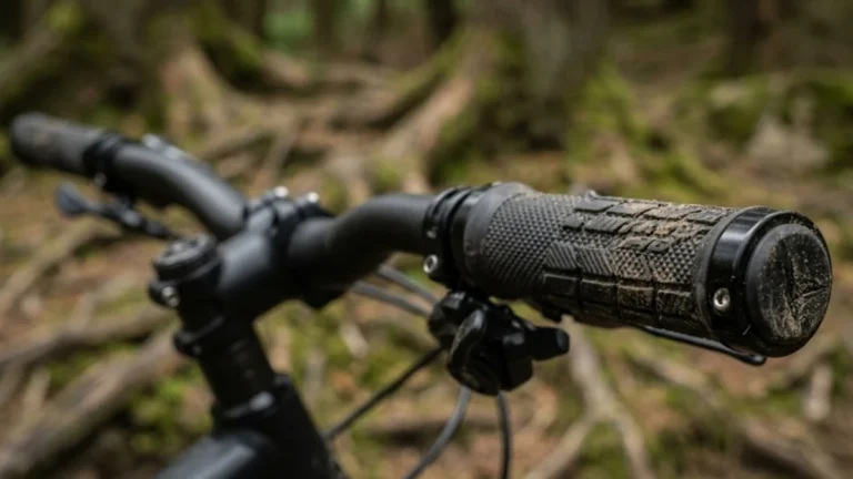 Close-up of lock-on mountain bike grips mounted on a handlebar with visible trail dust