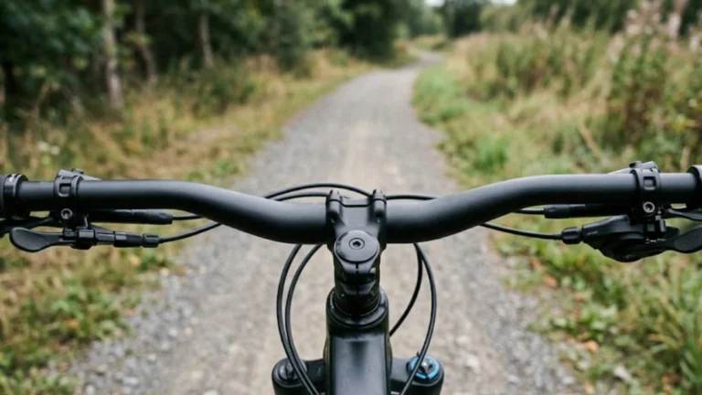 First-person view down a mountain bike's handlebar and cockpit on a gravel trail, showing bar rise and sweep angle
