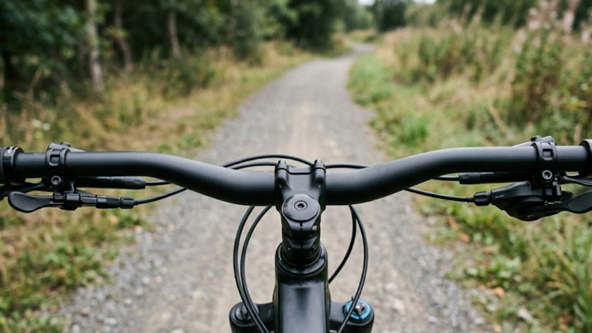 First-person view down a mountain bike's handlebar and cockpit on a gravel trail, showing bar rise and sweep angle