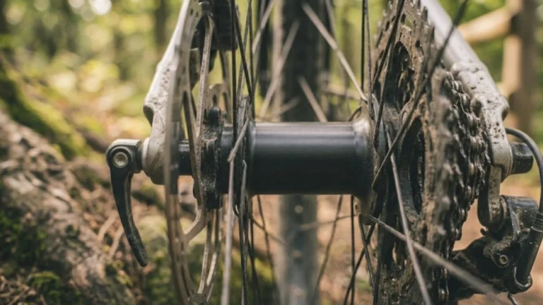 Macro shot of a mountain bike rear hub shell next to a dirty cassette and chain