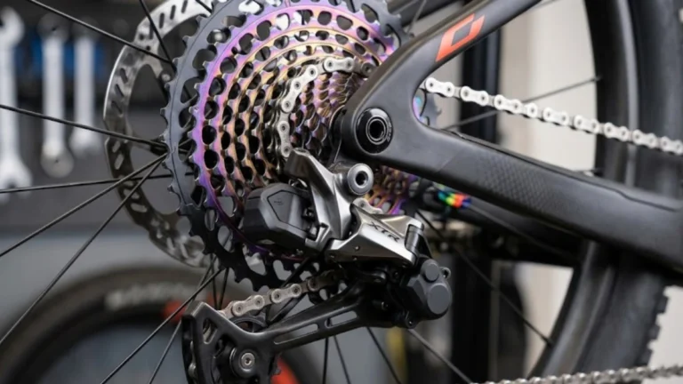 Close-up of a mountain bike rear cassette, chain, and derailleur, the core components of the drivetrain