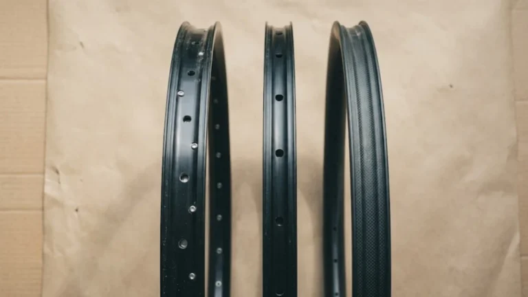 Three mountain bike rims compared side by side — wide aluminum trail rim, narrower XC aluminum rim, and a carbon rim