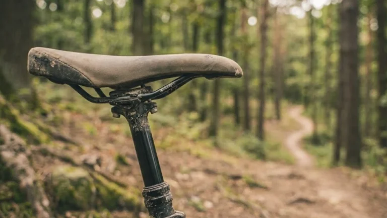 Mountain bike saddle mounted on a dropper post on a dirt trail
