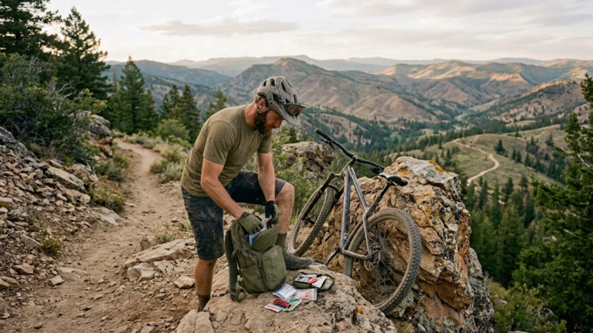 Mountain biker checking gear and first aid kit on a trail overlook