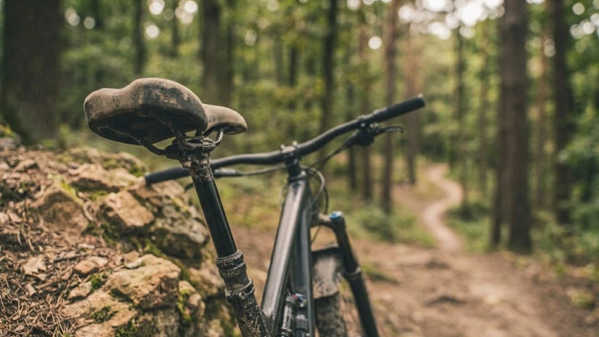 Mountain bike leaned against a trailside berm showing a dropper seatpost and saddle in focus