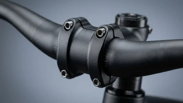 Close-up of a mountain bike stem clamped to a handlebar showing the faceplate bolts
