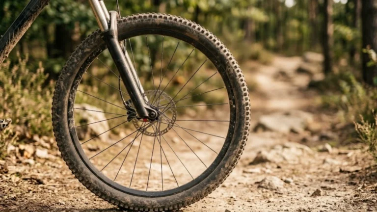 Close-up of a mountain bike tire's knobby tread on a dry singletrack trail