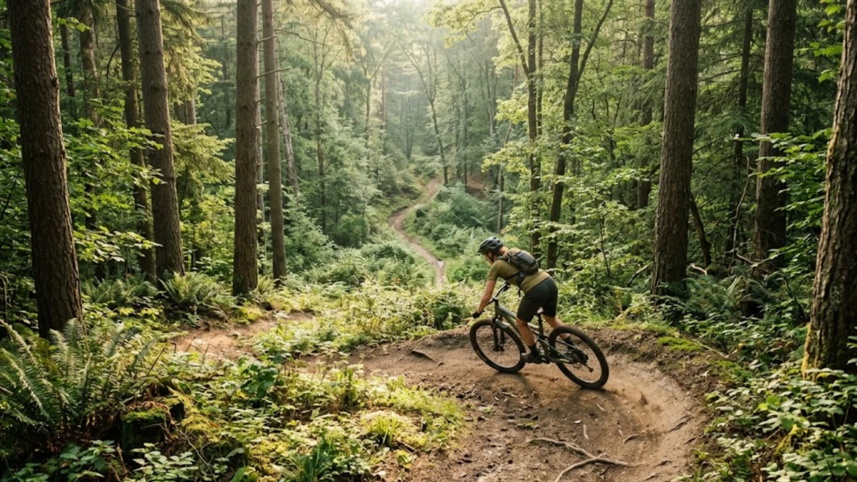 Mountain biker descending a forest singletrack trail in morning light