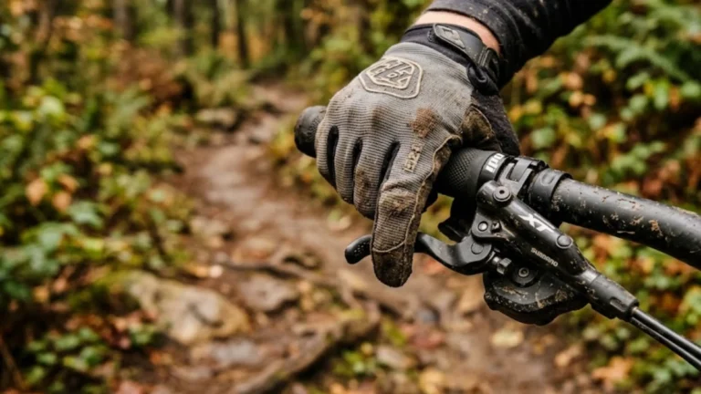 Rider's gloved hand shifting a mountain bike trigger shifter mid-ride on singletrack