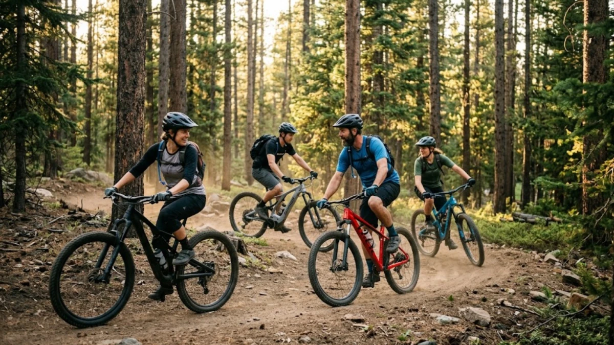 Riders on different mountain bike types — hardtail, trail, and e-MTB — riding singletrack through forest