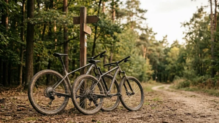 Two mountain bikes with different wheel sizes leaned against a trailhead post, comparing 27.5 and 29er wheels