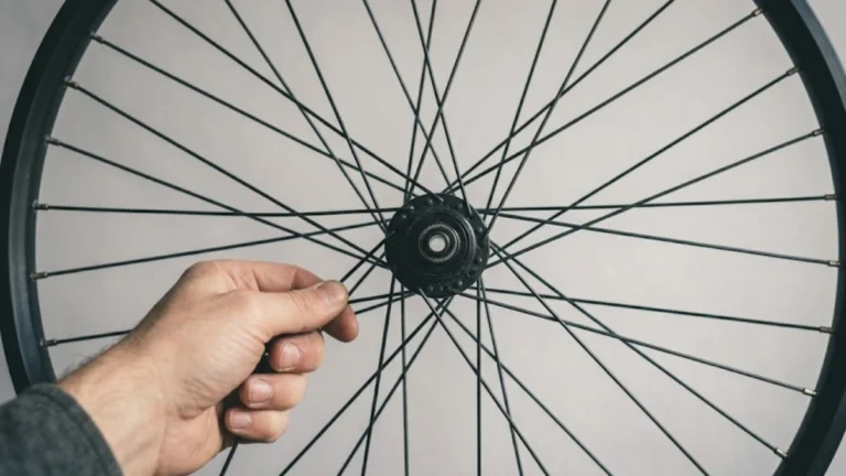First-person view down a mountain bike wheel's spokes with a hand gripping one spoke to adjust tension.