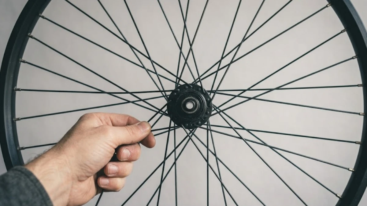 First-person view down a mountain bike wheel's spokes with a hand gripping one spoke to adjust tension.
