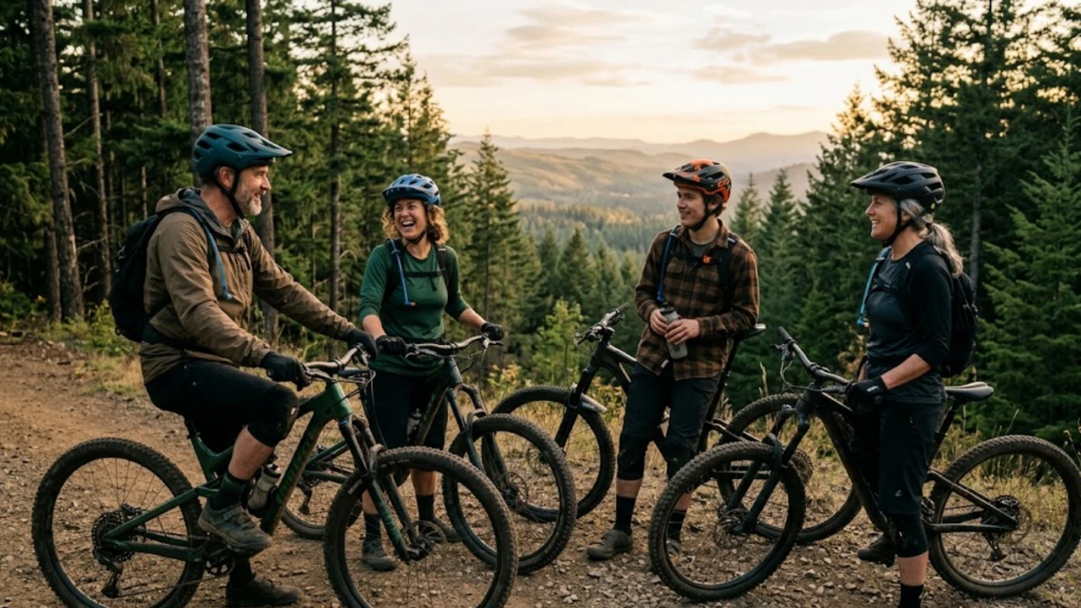 Group of mountain bikers gathered at a trailhead talking before a ride