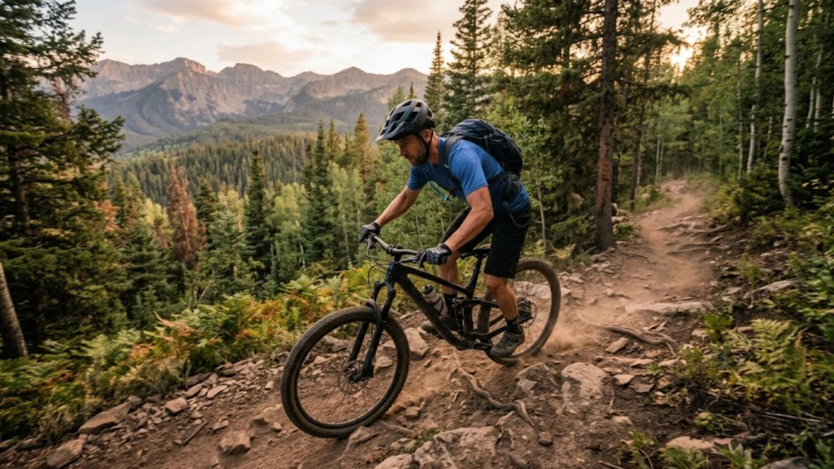 Mountain biker riding a technical trail, representing training and fitness for MTB