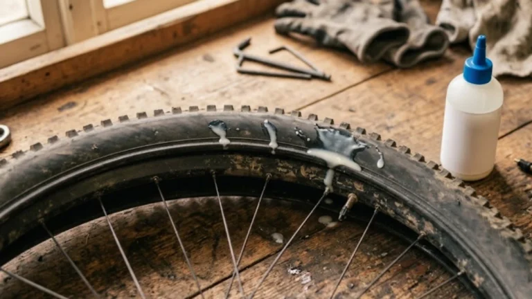 Mountain bike wheel on a workbench with tubeless sealant pooling at the tire bead